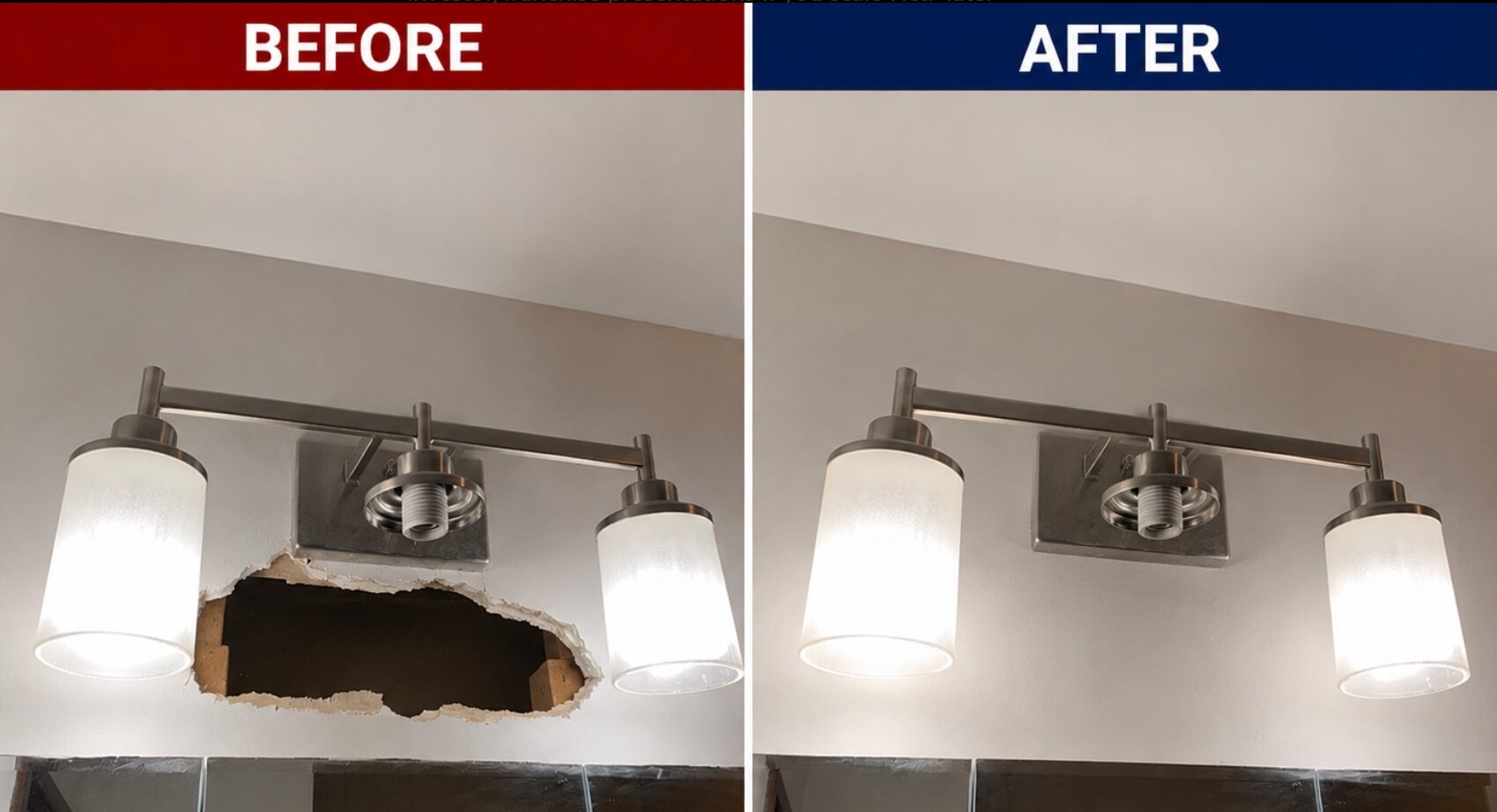 Commercial drywall repair before and after completed by H&F Tri-State Handyman